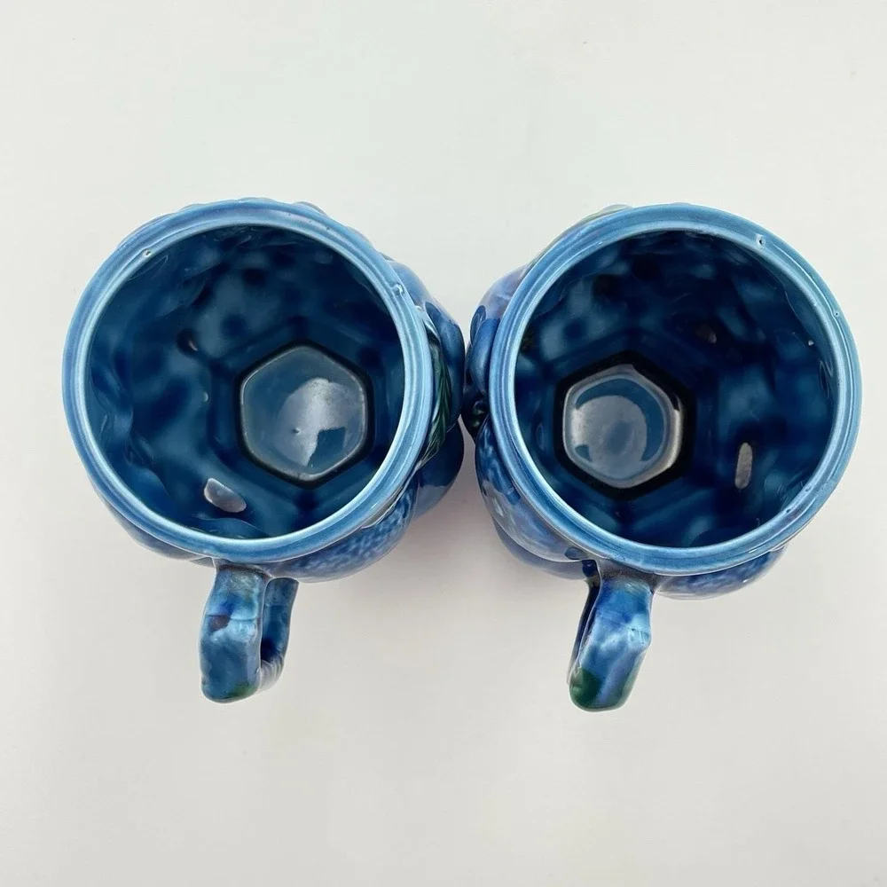 Inarco Japan Blue Fruit Pitcher & 2 Mugs Set E2431 / E2429 Vintage Ceramic 1960s